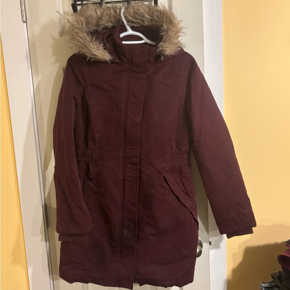 George Women's Maroon Puffer Coat with Faux Fur Hood